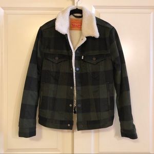 Levi’s green plaid shearling trucker jacket, small